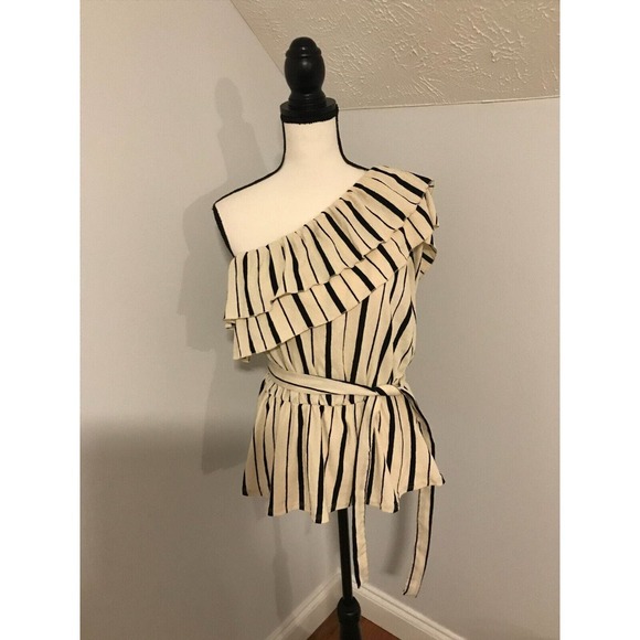 ANTHROPOLOGIE MAEVE RITA One Shoulder Black/Cream Peplum Ruffle Top - Size Large - Picture 1 of 11